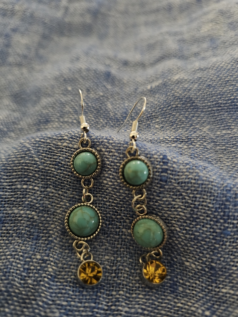 Hand Made Faux Turquoise and  Citrine Yellow Crystal Earrings Sterling Backs